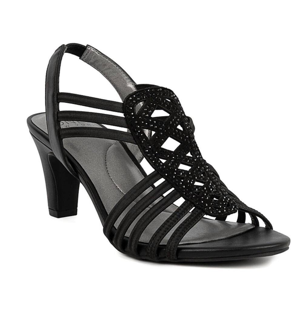 Jones New York Danely Black Strappy Rhinestone Dress Sandals Mid Heel 9.5 NIB
